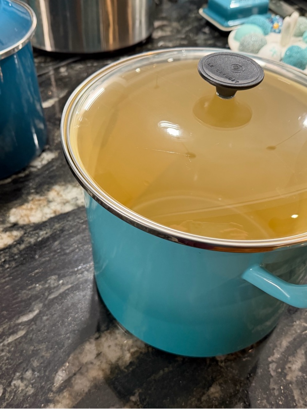 Le Creuset Turquoise Enamel 12qt Stock Pot with Glass Lid
